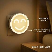 Đèn ngủ LED trắng ấm 0.5W với cảm biến thông minh, màu vàng ấm 2700K, thích hợp cho hành lang, phòng ngủ, phòng trẻ em, nhà bếp, cầu thang, thiết kế hình mặt cười (Lưu ý: Đèn ngủ này chỉ bật khi ánh sáng xung quanh đủ tối) - Phích cắm loại C của EU (220-240V) - Xem 2