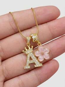 1件优雅立方氧化锆皇冠字母花卉吊坠项链，简约个性化名字项链，时尚礼物，适合送给女友、妈妈、家人、朋友、女儿，适合周年纪念日、情人节、母亲节、生日、日常佩戴、婚礼、毕业典礼等场合。 - 彩色 - 查看 3