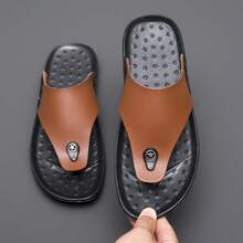 1 Pair Men's Summer Flip Flops, Brown Color, Star Pattern Decor, Round Toe Minimalist Design, Lightweight Casual Slippers For Outdoor, Party, Vacation, Comfortable Men's Shoes, Beach Sandals - Brown - View 2