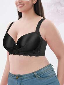Plus Size Lace Wide Strap Bra - Smooth Thin Padding, Bow Decor, Underwire Support, Lace Trim - Black - View 9