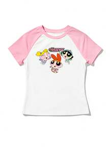 Whysmera SHEIN X Powerpuff Girls 女士撞色印花圆领上衣 - 为T恤增添活力和可爱气息，适合日常穿着 - 白色 - 查看 4