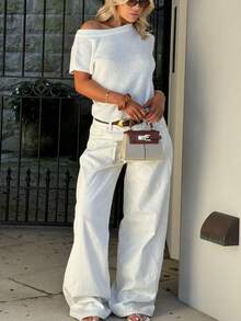 2026 Sommer Mode Damen Weißes Strick Asymmetrisches Schulter Kurzarm Top, Bubble Stoff, Kurzarm, Gerippte Strick Details, Rundhalsausschnitt Design, Perfekt für den Sommer - Weiss - Übersicht 9