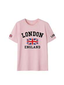 女士夏季伦敦字母印花旗袍图案圆领短袖T恤，休闲宽松百搭度假风上衣，适合度假和夏季时尚穿着，粉色 - 粉色 - 查看 3