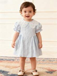 Girls' Light Blue Jacquard Doll Dress, Hollow Out Collar Ruffle Trim Short Sleeve Dress, Suitable For Everyday Wear - Baby Blue - View 1