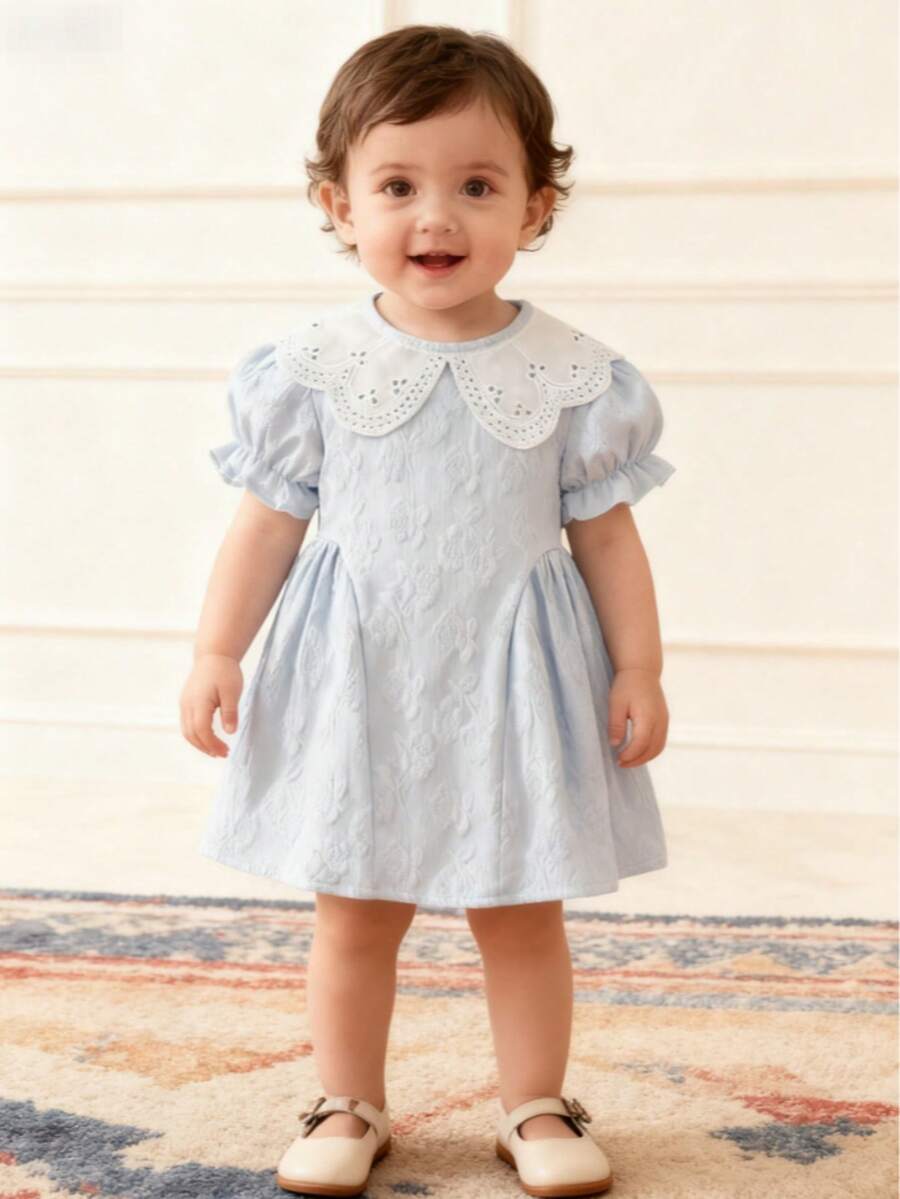 Girls' Light Blue Jacquard Doll Dress, Hollow Out Collar Ruffle Trim Short Sleeve Dress, Suitable For Everyday Wear - Baby Blue - View 1