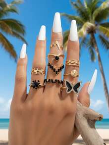 imoli 9pcs Simple & Elegant Alloy Butterfly & Star Design Open Ring Set With Rhinestone & Oil Drop Detail For Women, Great Gift For Dating (artificial Oil Dropping Color Adjustment, Slight Color Difference Among Batches) - Black - View 4