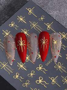 1 Sheet Green Red Gold Bow Nail Art Stickers Adhesive Sliders DIY 5D Embossed Nails Polish Manicure Sticker Decals Nail Supplies - Multicolor - View 6