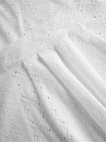 Perforated Embroidery Square Neck T-Shirt, Casual Short Sleeve Pleated Front Top, Women Apparel For Spring/Summer - White - View 6