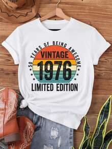 Vintage 1976 Limited Edition 50th Birthday Print T-Shirt Short Sleeve Crew Neck Casual Top For Summer Spring Women Clothing - 白色 - 查看 1
