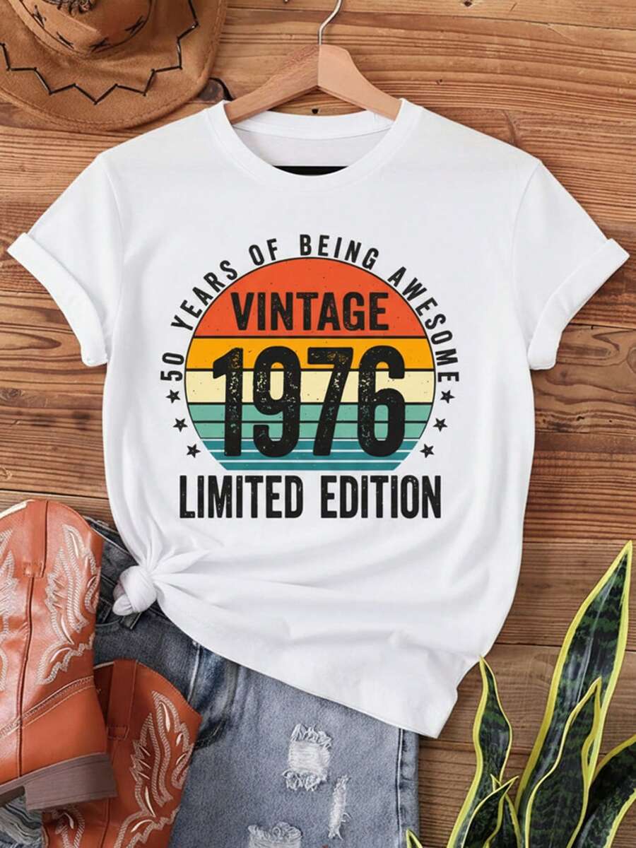 Vintage 1976 Limited Edition 50th Birthday Print T-Shirt Short Sleeve Crew Neck Casual Top For Summer Spring Women Clothing - 白色 - 查看 1