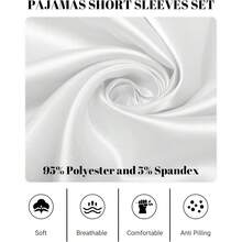 Silk Pajamas, Short Sleeve Button-Down Satin Pajama Set, Ruffle Design - Beige - View 5