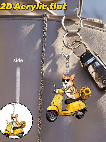 2d Plane - Havalı ve Muhteşem Sarı Motosiklet Anahtarlık - "Corgi Köpeği Sarı Motosiklet Sürüyor"; Çizgi Film Anahtarlıklar Araba Anahtarları, Sırt Çantaları ve Çantalar, Çanta Süsleri, Araba Süsleri, Ambalaj Aksesuarları İçin Mükemmeldir | Eğlenceli Tasarım | Akrilik Yapı