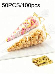50/100pcs Cone-Shaped Candy Bags With 50pcs Twist Ties, Transparent Cone-Shaped Glassine Paper Candy Bags, Cone-Shaped Triangular Plastic Bags, Suitable For Holding Snacks, Popcorn, Candies, Plastic Cone-Shaped Candy Bags For Party Favors, Gift Packaging, Packaging Decoration And Storage. - Multicolor - View 3