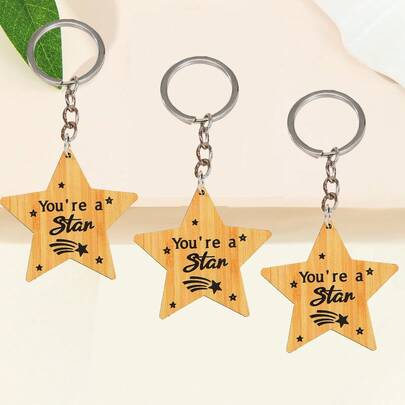 3er Set minimalistischer Pentagramm & Buchstabe "Du bist ein Fan" Schlüsselanhänger, Cartoon Stern Holzmaterial Kartenhalter, Taschendekoration, Accessoire, kleines Geschenk für Freunde, Klassenkameraden