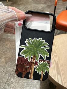 Eid Mubarak Phone Case, Camel & Date Palm Tree Pattern, Black Matte Faux Leather Texture TPU Anti-Slip Anti-Fingerprint, Arabian Desert Oasis Aesthetic Phone Case Compatible With Apple & - Black - View 1