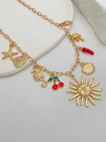 1件海洋假日几何细链金属向日葵、海星、贝壳、扇贝、海马流苏吊坠项链，优雅奢华，适合婚礼派对、海滩度假、日常休闲、街头风格，女士情侣假日生日百搭项链礼物 - 金色 - 查看 7