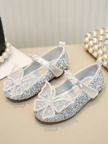 Zapatos planos para bebé niña con lazo, cristales y perlas - Plateado - Ver 2