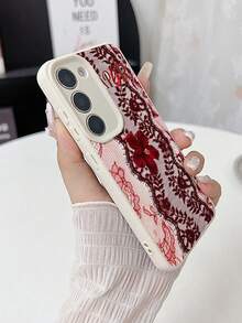 1pc Fashion Red Lace Slogan & Flower Pattern Litchi Texture Anti-Drop Anti-Slip Soft Phone Case Protective Cover Compatible With Apple, Phones - Multicolor - View 4