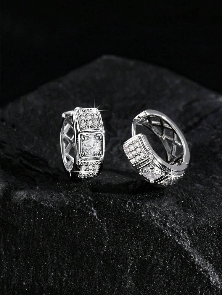 1 Pair Unisex Hip Hop Fully Rhinestone Luxury Hoop Earrings, Zirconia Inlaid Ring Earrings, Streetwear Style For Men And Women, Gold And Silver Colors, Copper Material Suitable For Daily And Party Wear - Multicolor - View 10