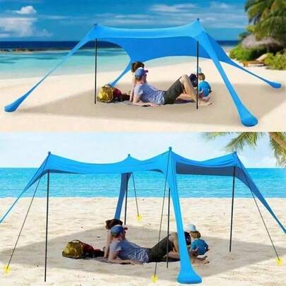 Lightweight Blue Square Outdoor Canopy Tent With Sand Shovel, Breathable Fabric Sun Shade For Beach Camping, Park, Fishing And Family Picnics
