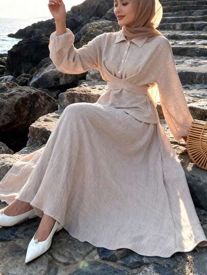 2pcs Women Solid Color Fold Hem Asymmetrical Hem Long Sleeve Set Modest Two Pieces Set 2 Pieces Lounge Sets Woman Two Pieces Set Women Elegant Long Sleeve For Woman Women Elegant