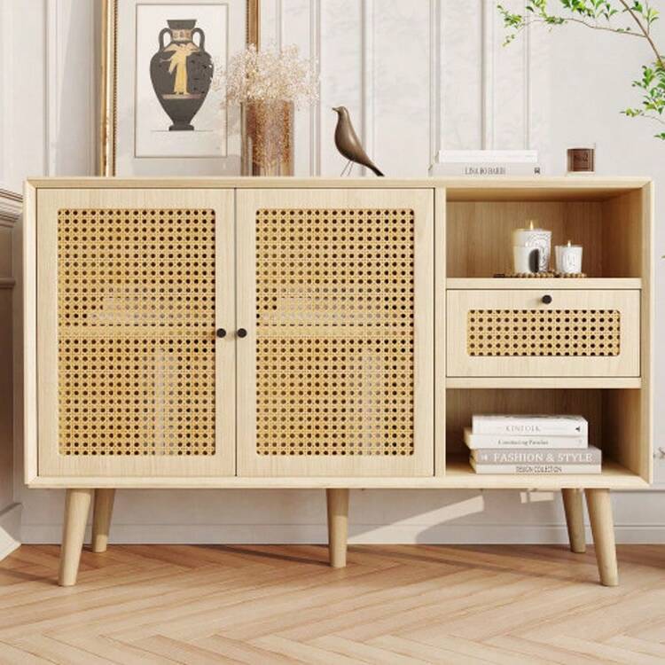 Sideboard, Chest Of Drawers With 1 Drawer And 2 Magnetic Doors, Woven Rattan Door Fronts, Solid Wood Legs, Black Metal Bar Handle, Adjustable Shelves, Oak, 120 X 40 X 80 Cm - Natural Color - View 4