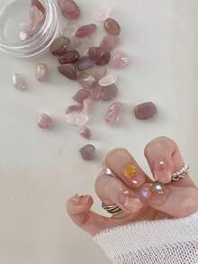 1 caja de piedras de cristal rosa natural para decoración de uñas, piedras pequeñas completamente redondeadas y pulidas, diseño minimalista 3D, materiales únicos para decoración de uñas, suministros de arte de uñas, Y2K, adecuado para uso en el hogar y salón - Multicolor - Ver 1