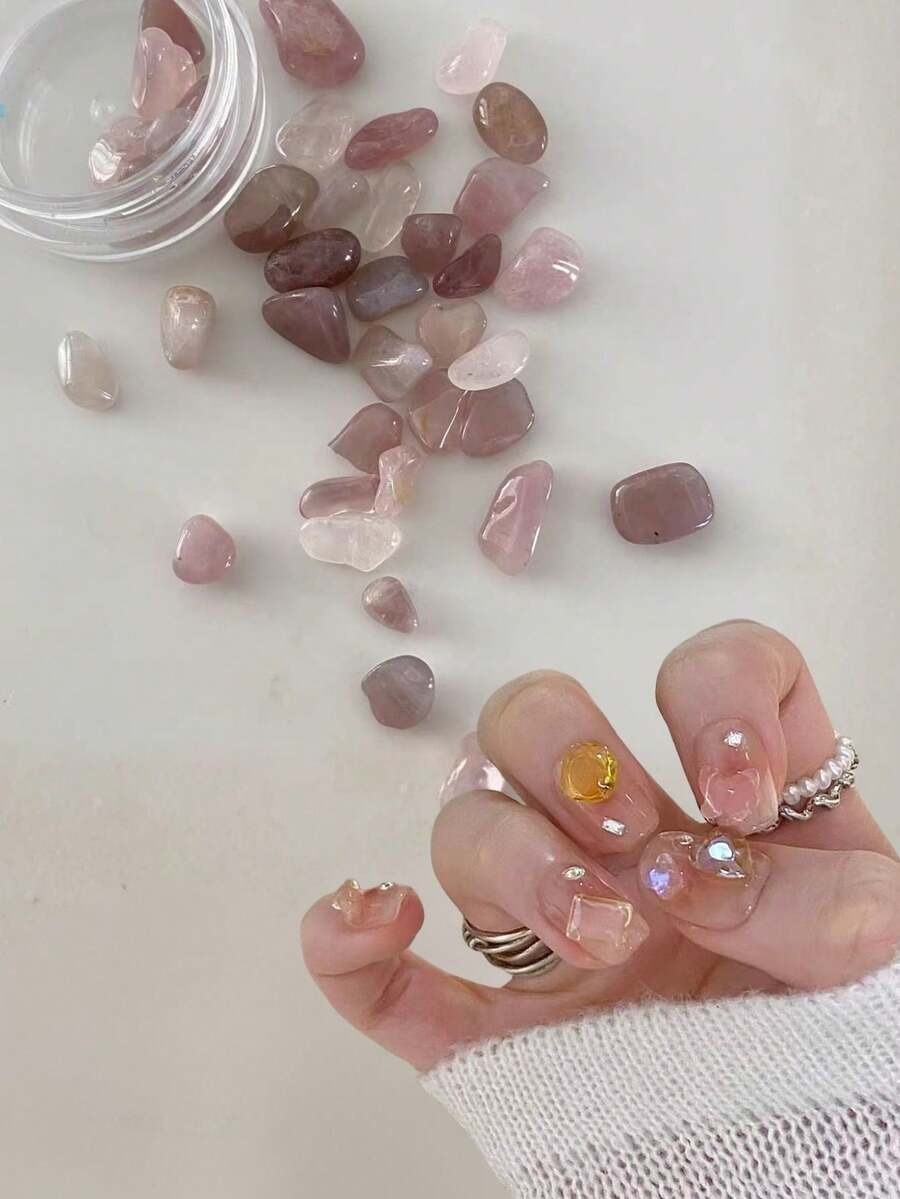 1 caja de piedras de cristal rosa natural para decoración de uñas, piedras pequeñas completamente redondeadas y pulidas, diseño minimalista 3D, materiales únicos para decoración de uñas, suministros de arte de uñas, Y2K, adecuado para uso en el hogar y salón - Multicolor - Ver 1