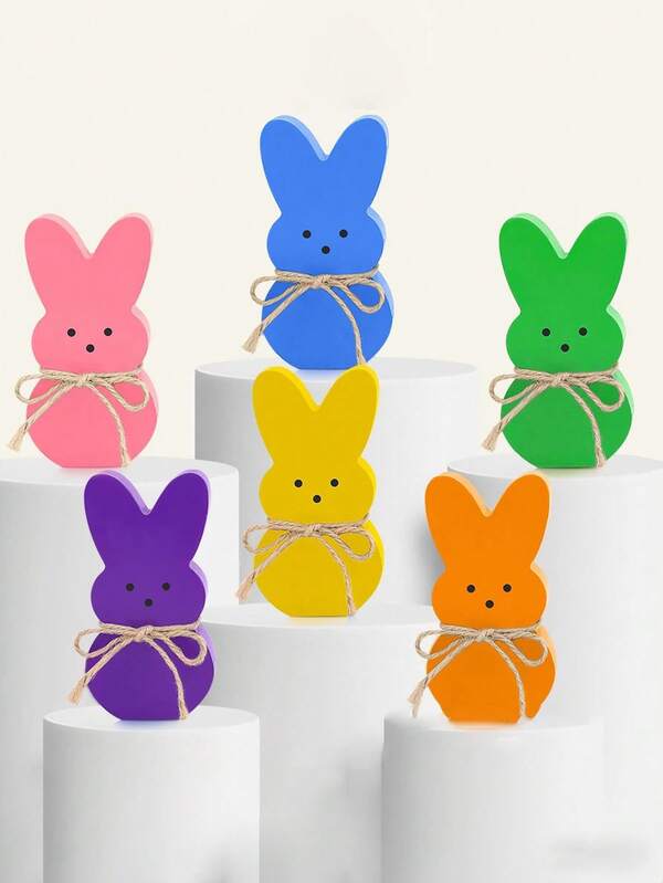 Easter Decor, Easter Wooden Rabbit Figurine Decoration, 6 Pcs Bunny Table Decorations Wooden Spring Signs For Home, Wood Rabbit Tiered Tray/Mantal Decor For Farmhouse Or Office Party Supplies 1pc/6pcs