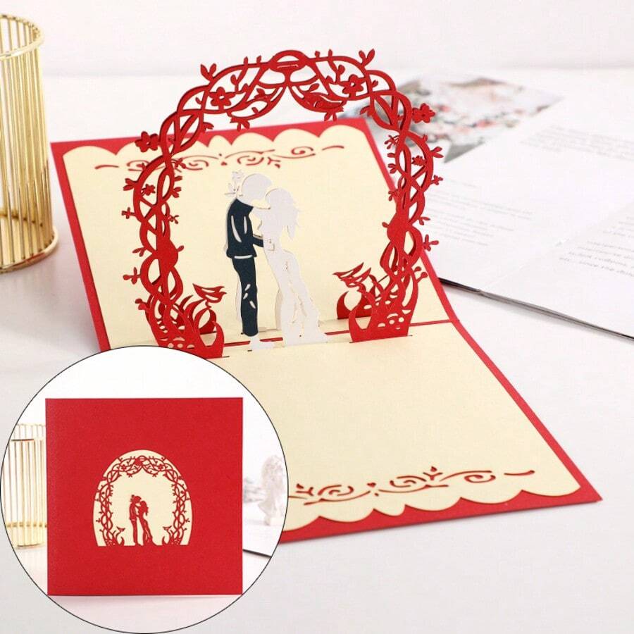 3D Puzzle Creative Ornament, Rose Paper Carving, Lovers Wedding Decor, Valentine's Day - Red - View 1