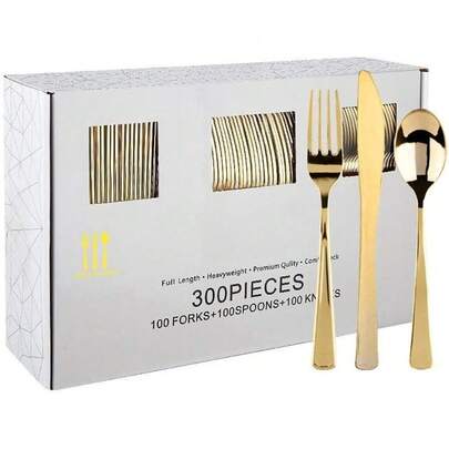 CQH 300-Piece Gold Plastic Silverware Set. Includes 100 Forks, 100 Spoons & 100 Knives. Heavy-Duty Disposable Cutlery Perfect For Parties, Weddings, And Special Occasions Like Valentine's Day. A Chic And Convenient Choice.