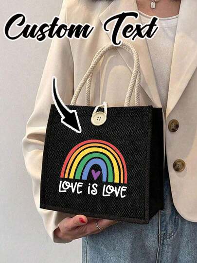 Personalization Rainbow Printed Canvas Tote Bag, Fabric Tote Bag, Essential Travel Bag, Large Capacity Handbag, Shopping Bag With Letter Print, Gift For Women, Teacher'S Day Gift, Suitable For School, College, Work, Business, Commuting, Outdoors, Travel, Vacation, Teacher'S Day, Gifts For Teachers
