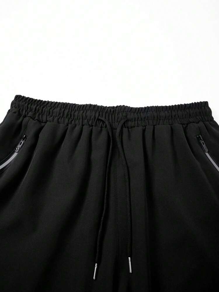 男士夏季速干短裤，简约纯色拉链口袋休闲运动裤 - 黑色 - 查看 4