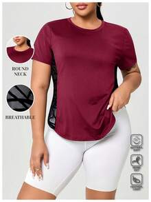 Camiseta de manga corta de mujer talla grande, casual y deportiva, con parches de malla, para verano - Burdeos - Ver 2