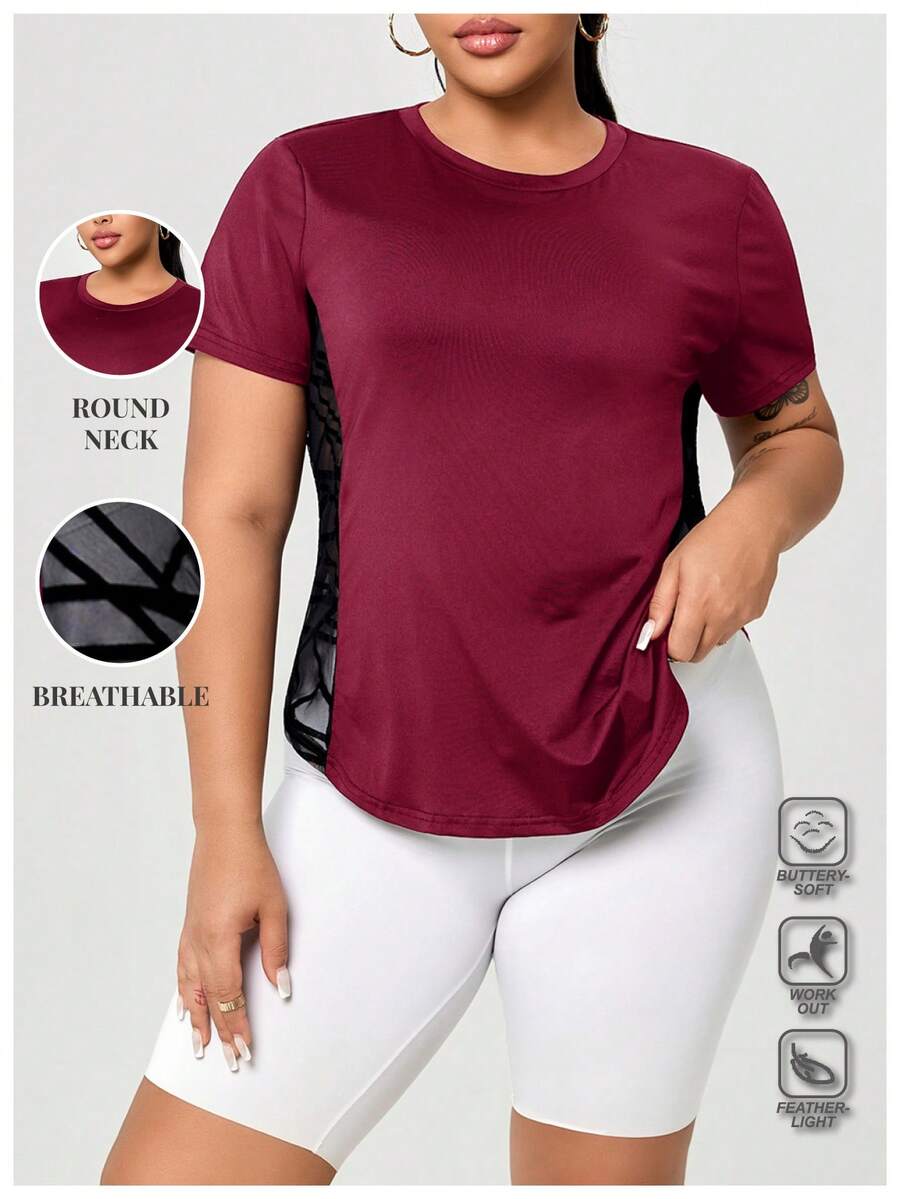 Camiseta de manga corta de mujer talla grande, casual y deportiva, con parches de malla, para verano