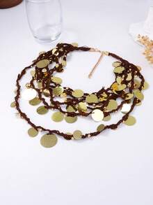 1pc Luxury Design Waterfall Geometric Sequin Round Pendant Multi-Layer Braided Rope Necklace For Women - Gold - View 4