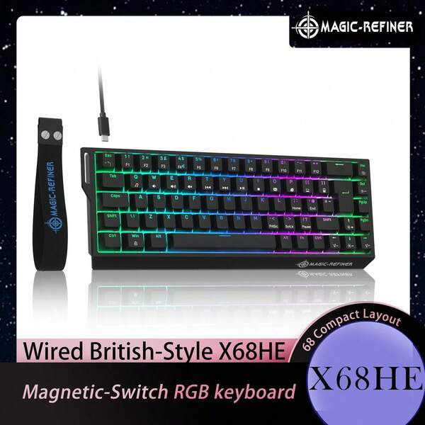 Teclado de juegos con activación rápida, teclado con cable mecánico X68HE con diseño británico, interruptores magnéticos con frecuencia de sondeo de 8000Hz, lineal con fuerza de activación de 40±5gf, vida útil de 100M pulsaciones, punto de activación de 580±50gs, precisión RT de 0.04mm, retroiluminación RGB, intercambiable en caliente para esports