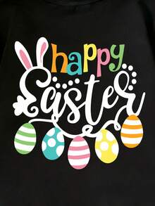 Young Girl Easter Limited Edition Cartoon Egg Double-Sided Print Short Sleeve T-Shirt, Casual Crew Neck Children Clothing - Black - View 3