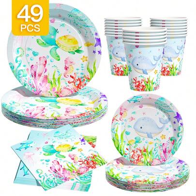 1 Set Ocean Theme Disposable Plates, Napkins, Cups For 8 Guests, Suitable For Birthday, Wedding, Party, Family Picnic