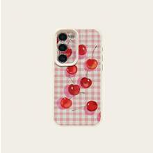 1pc TPU Material Sweet Pink Plaid Cherry Pattern Fashionable Phone Case Compatible With Samsung A05s, A12, A13, A14, A14 4G, A15, A21s, A23, A25, A32, A32 5G, A34, A35, A50s, A51, A52, A53, A54, A55, A71, A72, A73, S10, S20 FE, S20 Ultra, S21 Ultra, S22, S22 Plus, S23, S24, Redmi 10C, 12C, Note 10, 11, 12, 13, Pro Plus, Note 8, 9 Pro, Full Protective Soft Phone Cover - White - View 5