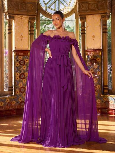 Faeriesty Women's Elegant Off-Shoulder Formal Evening Gown, Cape Sleeve Design With Pleated Skirt And Waist Bow, Suitable For Attending Galas, Formal Balls, Black-Tie Events, Weddings, And New Year Parties, Spring/Summer