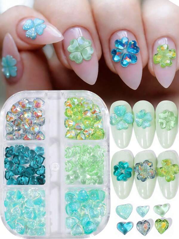 6grids Green Heart Rhinestones Nail Art Decoration, Patrick's Day Heart Form A Four-Leaf Clover Pattern Design, Nail Art Gems Ornaments For Salon, DIY Manicure Art Accessories Tools, Nail Supplies