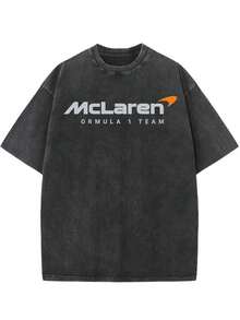 TEAM Vintage Washed High-Quality Pure Cotton Double-Sided Printed T-Shirt, Men's T-Shirt, Summer Old Wear, Off-The-Shoulder Sleeves, Round-Neck Top, Short Sleeves - 黑色 - 查看 3
