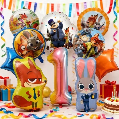 渐变尼克和朱迪卡通风格铝箔气球套装，生日派对家居装饰铝箔气球，室内拍照背景装饰套装