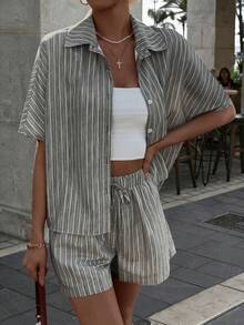 VIVINA Summer Casual Vacation Striped Print Loose Top And Shorts 2 Pieces Set, Women Summer Casual Outfit, Women Vacation Outfit, Women Loungewear - Grey - View 5