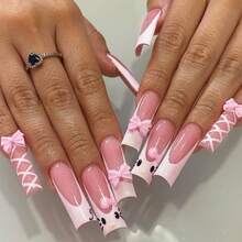 New Wearing Nail Piece Cross-Border Pink 3D Bow Fake Nail Removable 24 Pieces Cute Kt Cat Wearing Nail Length - XA-100-12 - 查看 2