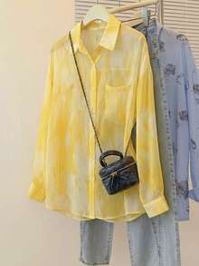 YUXIN 女士甜美扎染轻薄透视衬衫，宽松透气休闲/度假长袖上衣，春夏款 - 黃色 - 查看 5