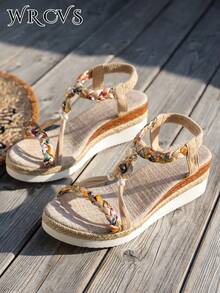 WRCVS 米色女士凉鞋，编织带凉鞋，夏季厚底厚底凉鞋，手工串珠编织，随机图案，轻便度假凉鞋，波西米亚风增高户外凉鞋 - 米色 - 查看 6