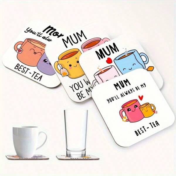 4 piezas "Mamá, siempre serás mi mejor té" Posavasos de madera, protectores de mesa cuadrados con temas interesantes y decoración del hogar, regalo perfecto para el Día de la Madre o para inaugurar una casa nueva