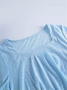 Perforated Embroidered Square Neck T-Shirt, Casual Short Sleeve Front Ruched Top, For Women, Spring/Summer - Sky Blue - View 4